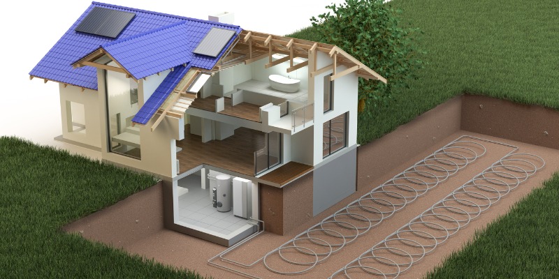 cutaway drawing of geothermal heating system with ground loops